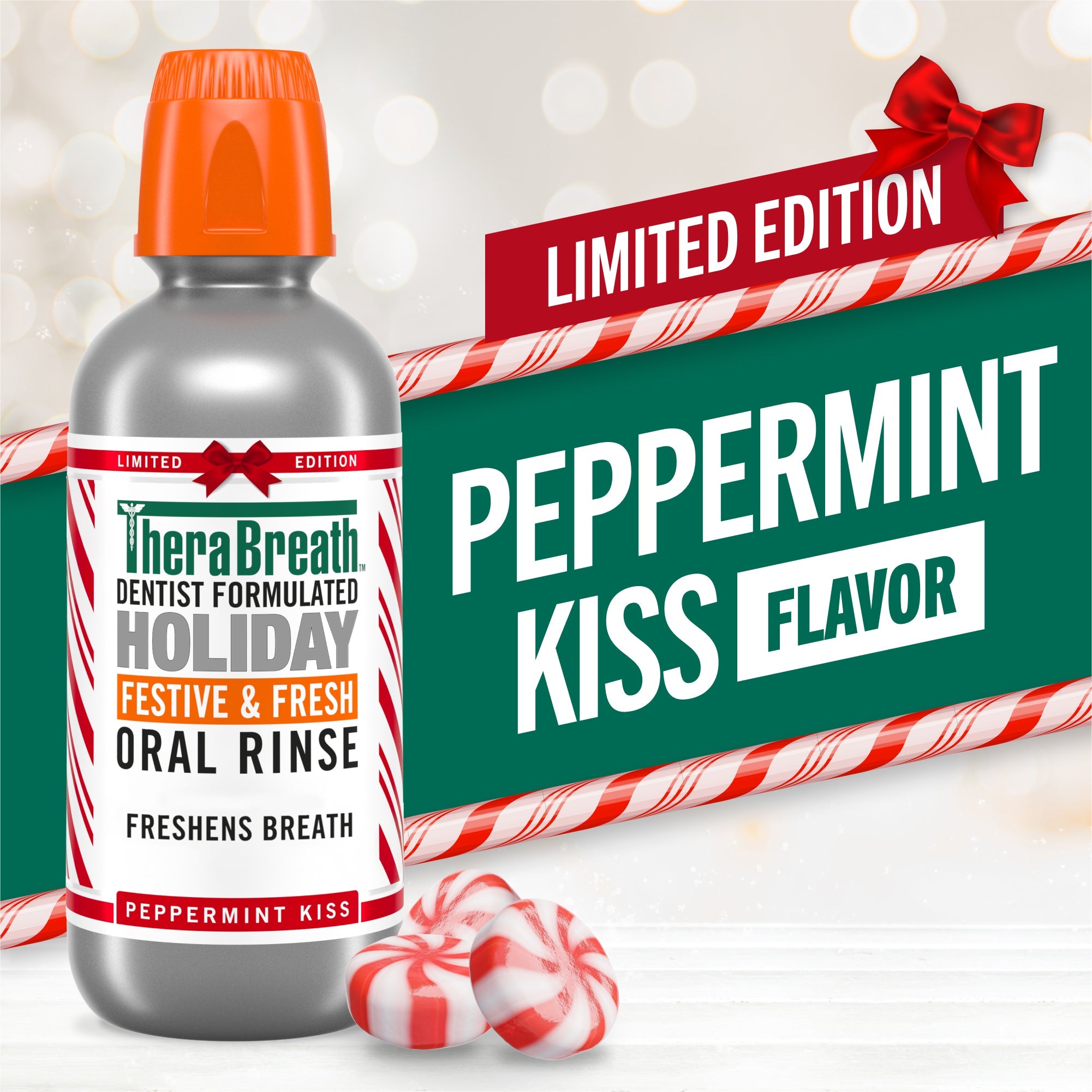 TheraBreath Limited Edition Holiday Festive & Fresh Oral Rinse, Peppermint Kiss – 16 oz