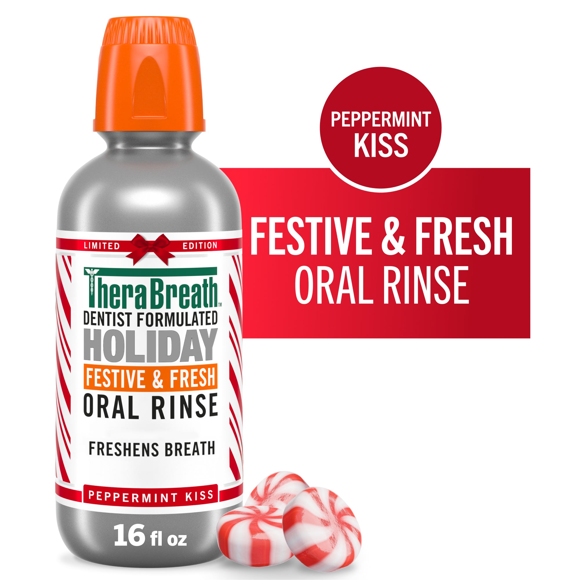 TheraBreath Limited Edition Holiday Festive & Fresh Oral Rinse, Peppermint Kiss – 16 oz