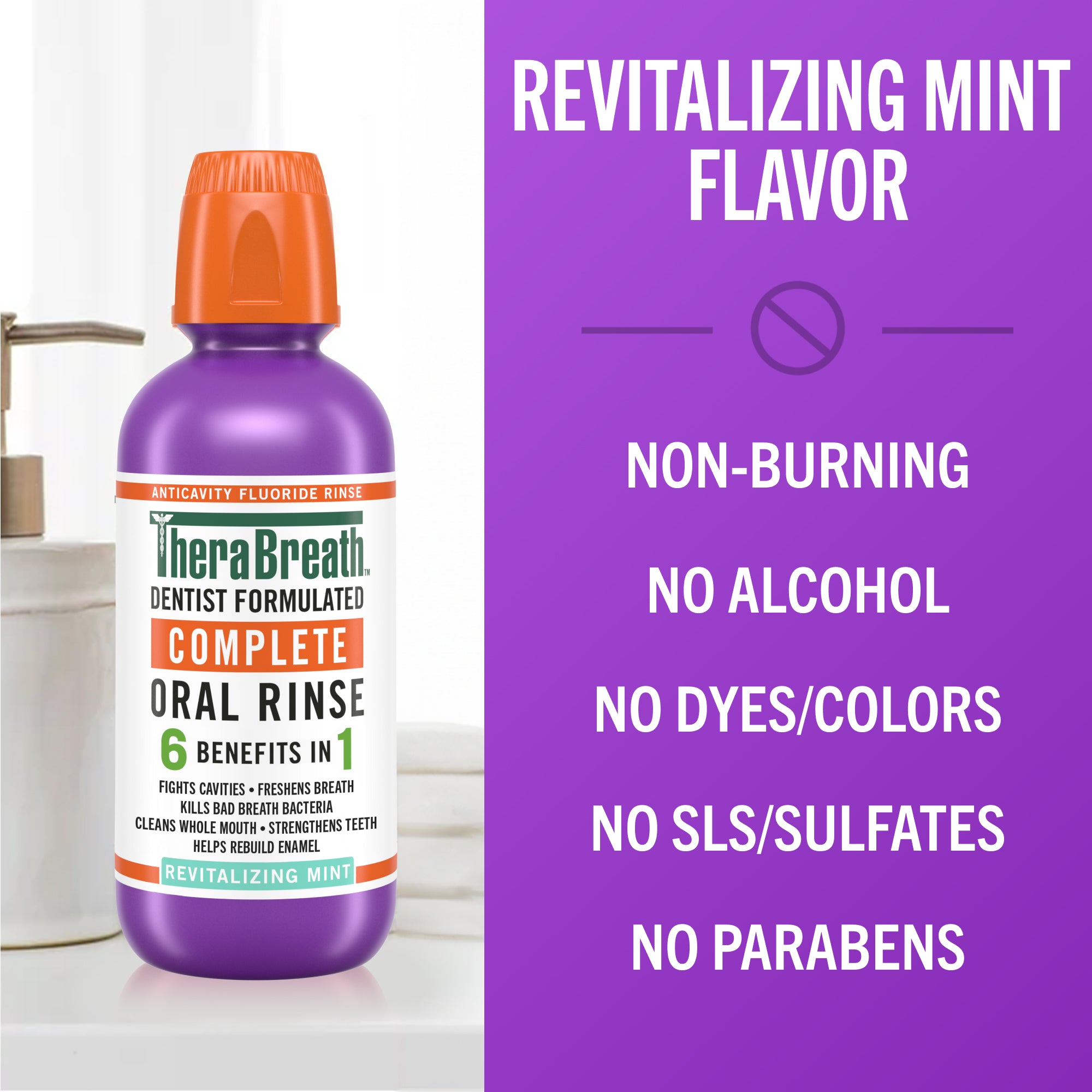 TheraBreath Complete Mouthwash, 6-In-1 Bene?ts, Alcohol-Free, Revitalizing Mint – 16 oz