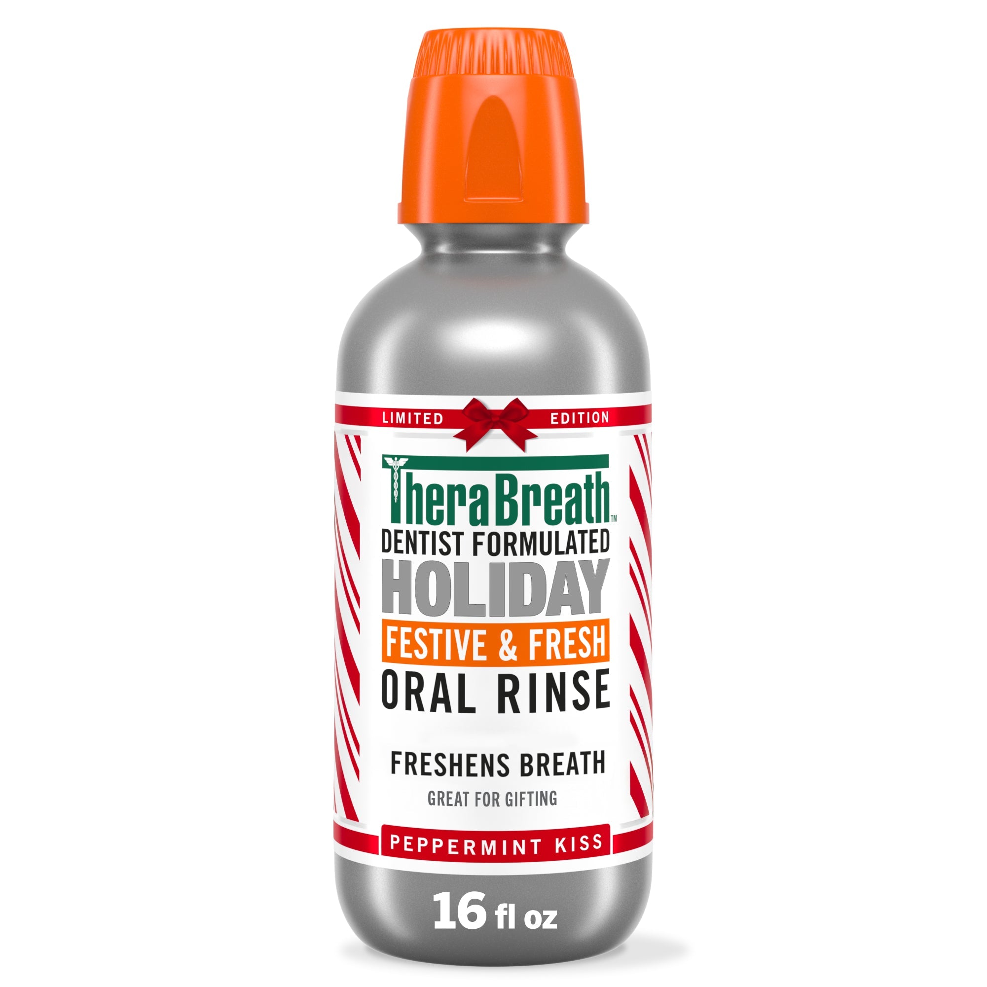 TheraBreath Limited Edition Holiday Festive & Fresh Oral Rinse, Peppermint Kiss – 16 oz