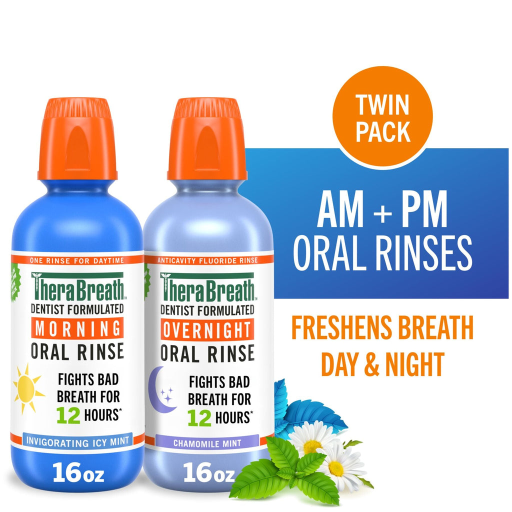 TheraBreath AM PM Mouthwash Bundle, Morning & Overnight Rinses, 16 Fl Oz, 2-Pack