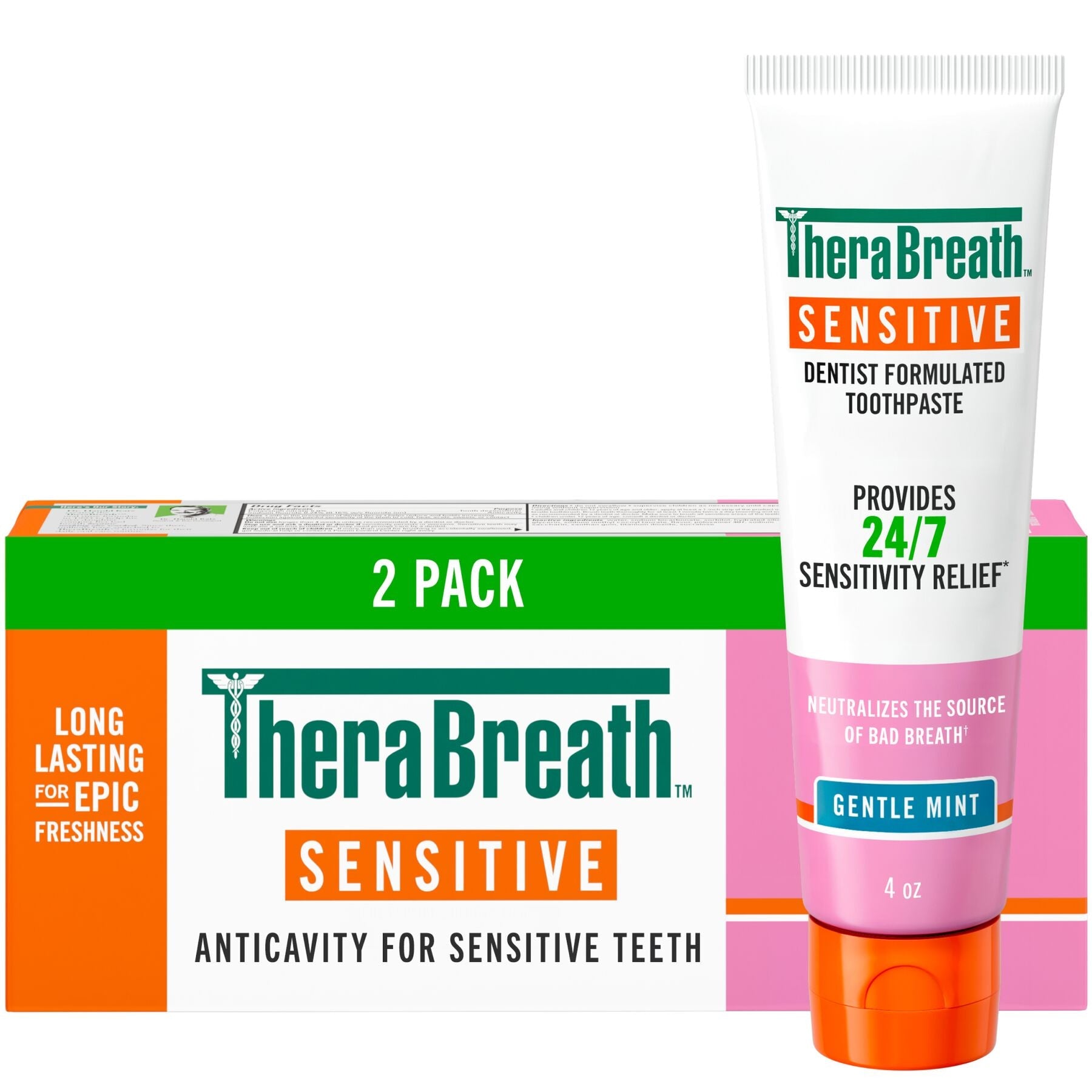 TheraBreath Sensitive Toothpaste, 24/7 Sensitivity Relief (1), With Fluoride For Anticavity Protection, Gentle Mint, 4 Oz – 2-Pack
