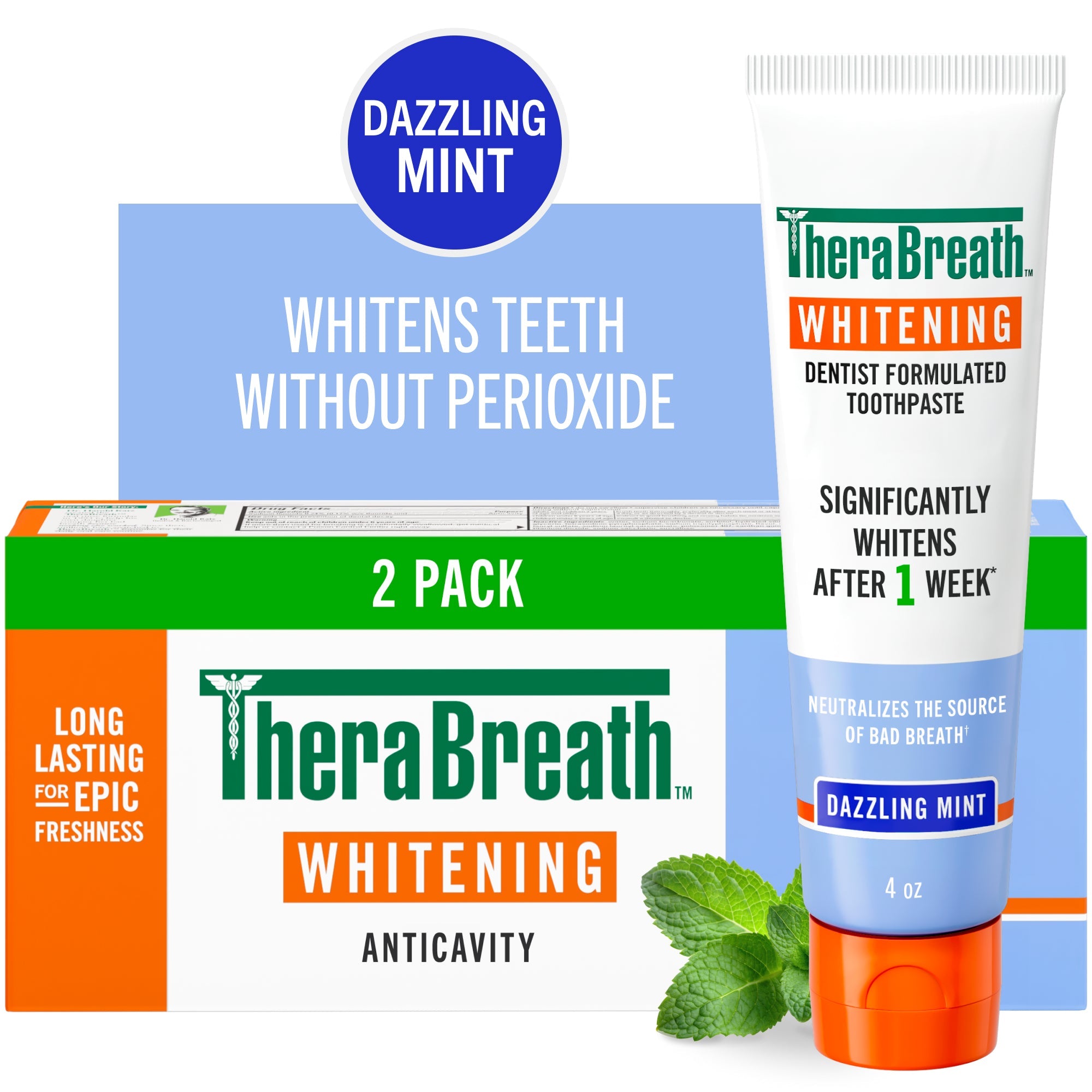 TheraBreath Whitening Toothpaste, Peroxide-Free & Anticavity, Dazzling Mint – 2-Pack